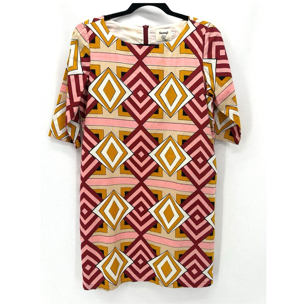 Samuji Shift Dress Retro‎ Geometric Print FR 36 US 4 Midi Mod Indie Boho Resort